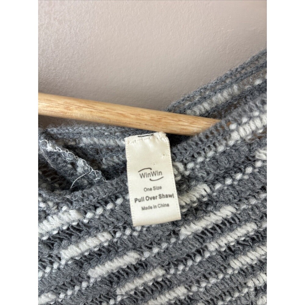 WinWin Open Knit Poncho Shawl Gray White Striped One Size Pullover - Picture 4 of 5